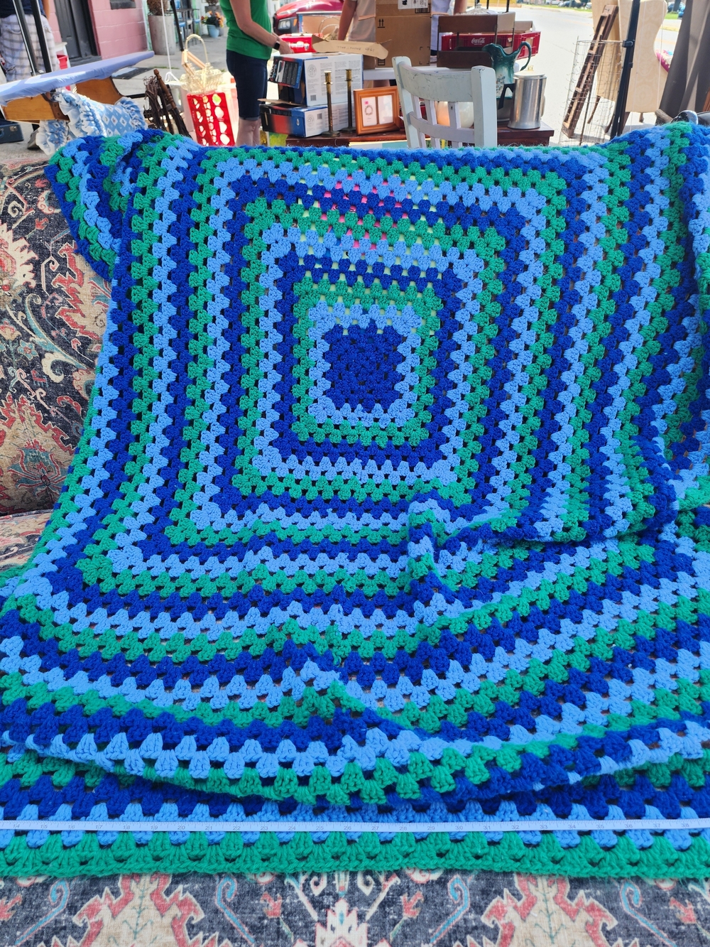 Handmade Blue & Green Crochet Granny Square Throw Blanket